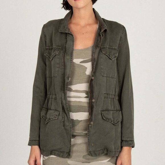 Monrow Green Military Utility Jacket Linen Blend Snap Button Medium Lightweight - Picture 4 of 6